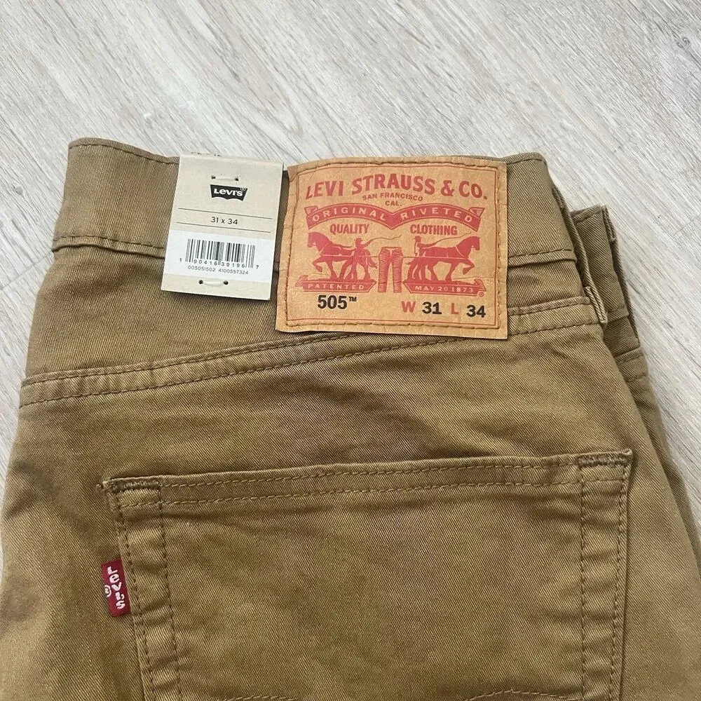 Levis 505 Regular Jeans Mens 31x34 Regular Fit Straight Leg Mustard Brown NWT